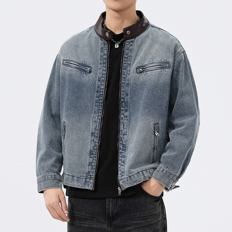 Leather Motorcycle Jacket Biker - Jaqueta Jeans Masculina com Gola de