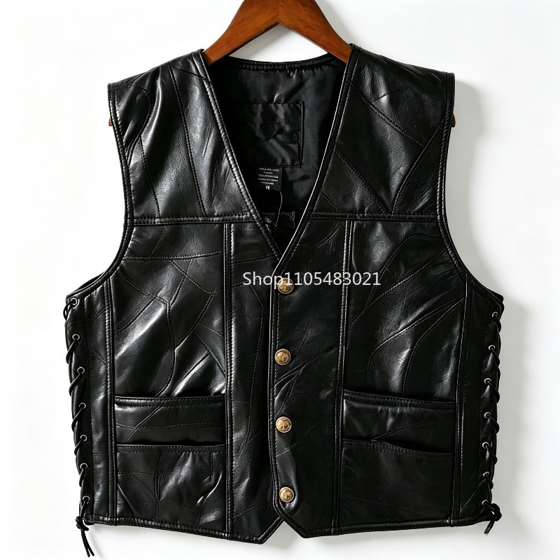 Leather Motorcycle Jacket Biker - Colete Masculino Preto de Couro com