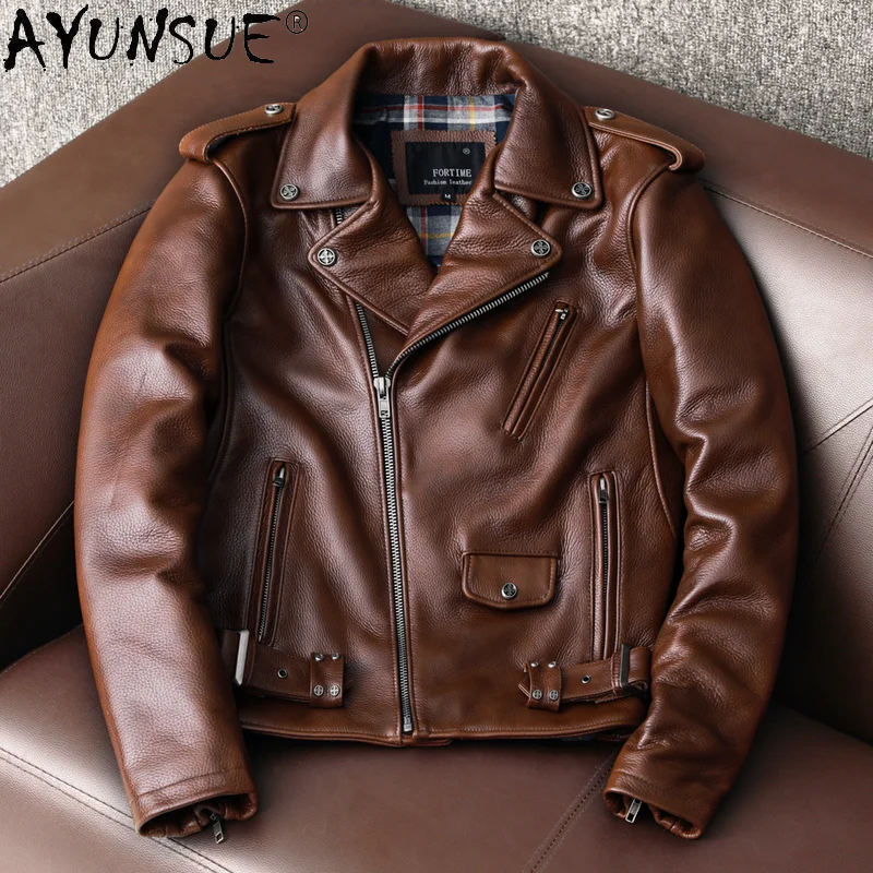 AYUNSUE-Jaqueta de couro de va - Leather Motorcycle Jacket Biker avaliação e preço