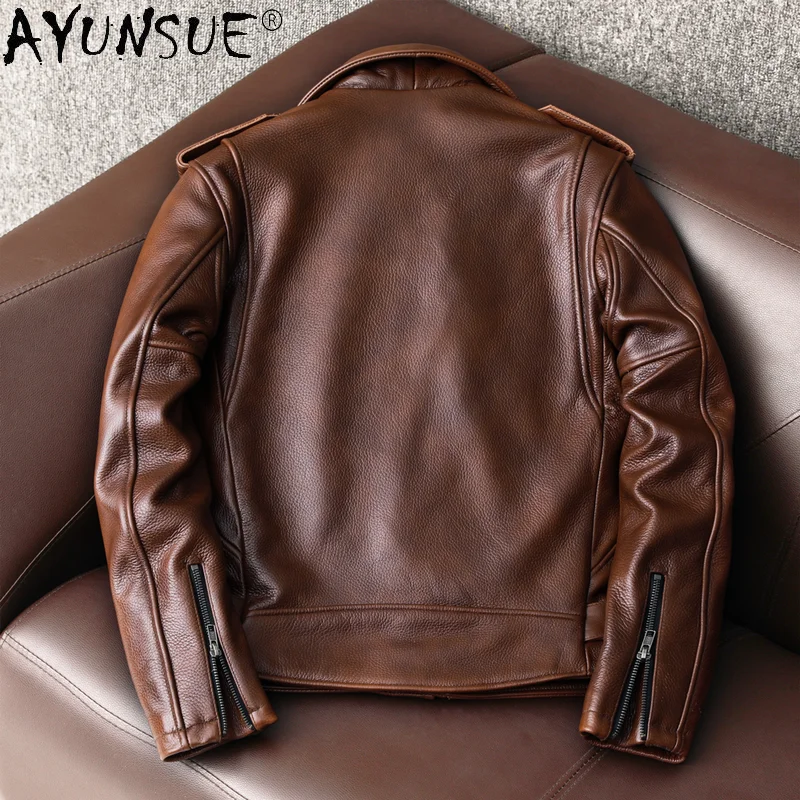 AYUNSUE-Jaqueta de couro de va - Leather Motorcycle Jacket Biker avaliação e preço