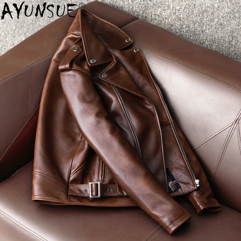 AYUNSUE-Jaqueta de couro de va - Leather Motorcycle Jacket Biker avaliação e preço