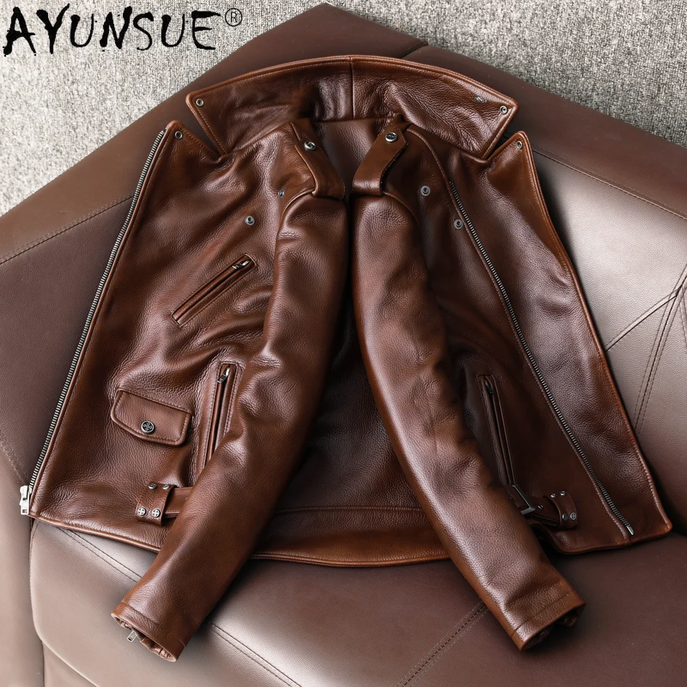 AYUNSUE-Jaqueta de couro de va - Leather Motorcycle Jacket Biker avaliação e preço